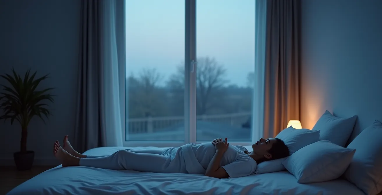 Persoon demonstreert 4-7-8 ademhalingstechniek in rustgevende slaapkameromgeving