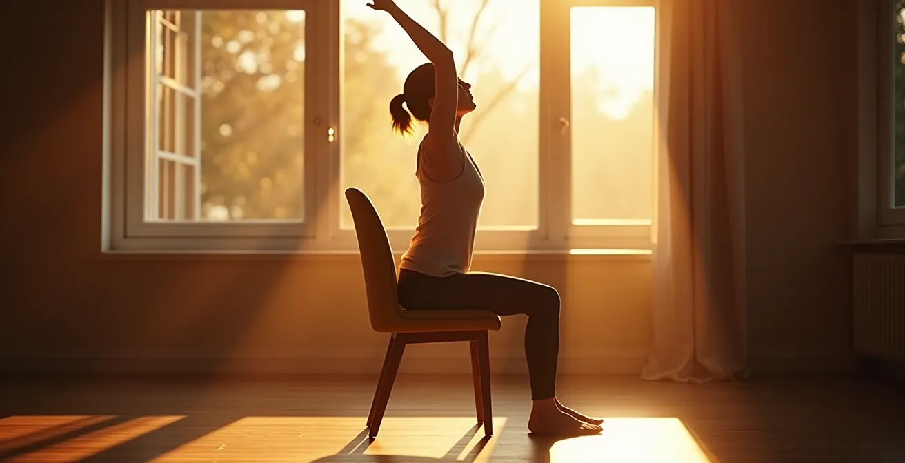 Persoon demonstreert zonnegroet zittend op stoel in rustige thuisomgeving