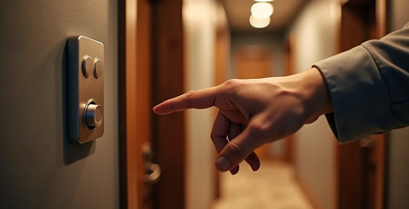 Close-up van hand die slimme knop bij voordeur indrukt met abstracte energievisualisatie