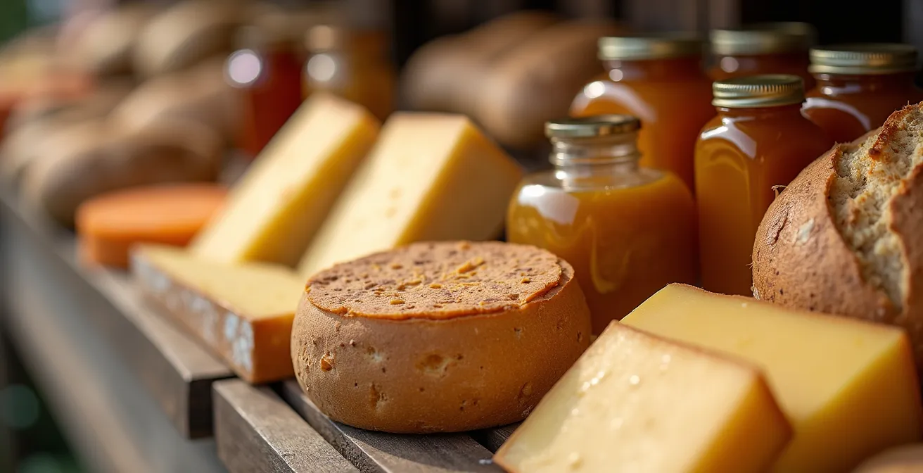 Levendige dorpsmarkt met kraampjes vol streekproducten en vrolijke bezoekers