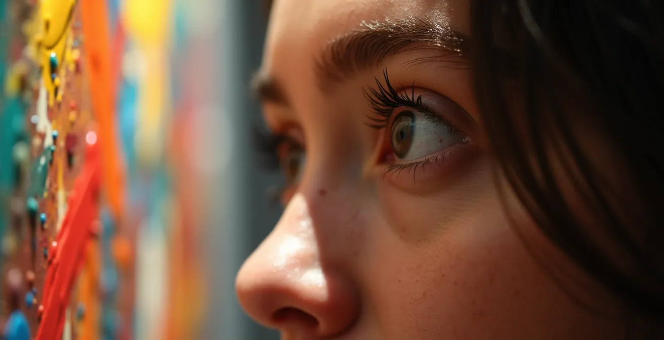 Museumbezoeker bekijkt abstract kunstwerk van dichtbij