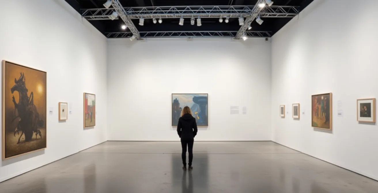 Wide shot van Art Brussels met bezoeker in contemplatie voor abstract werk