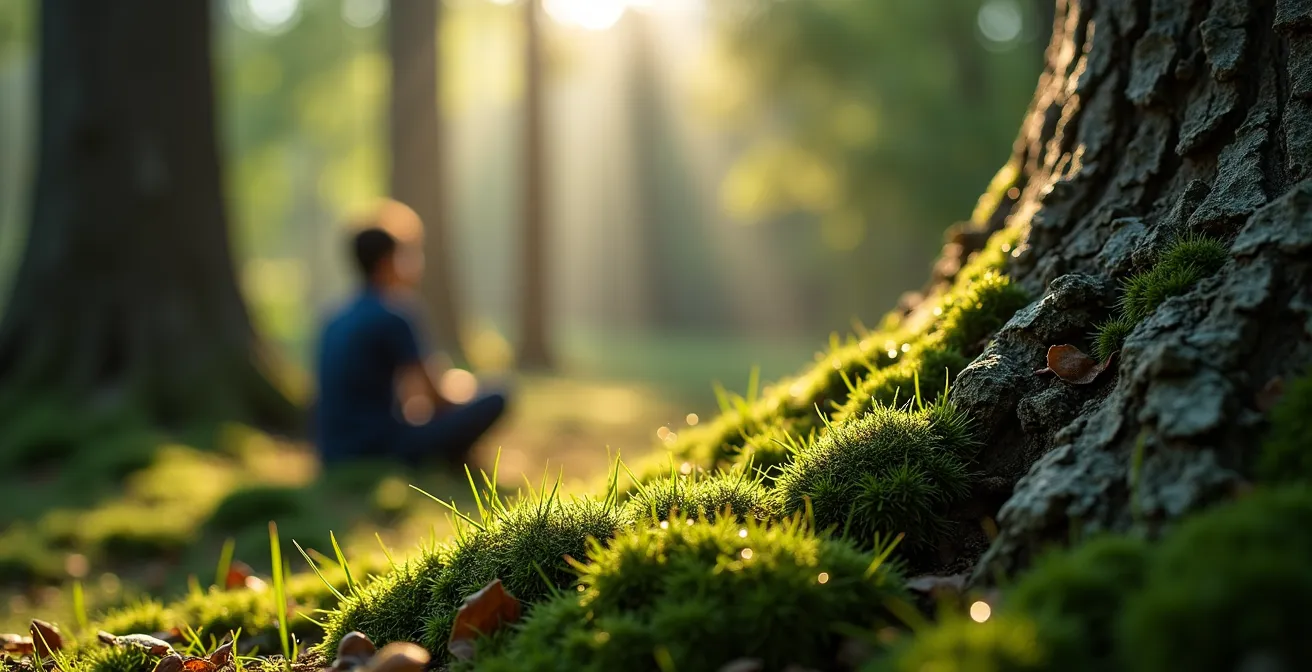Persoon mediteert rustig tussen bomen in Belgisch bos voor stressvermindering