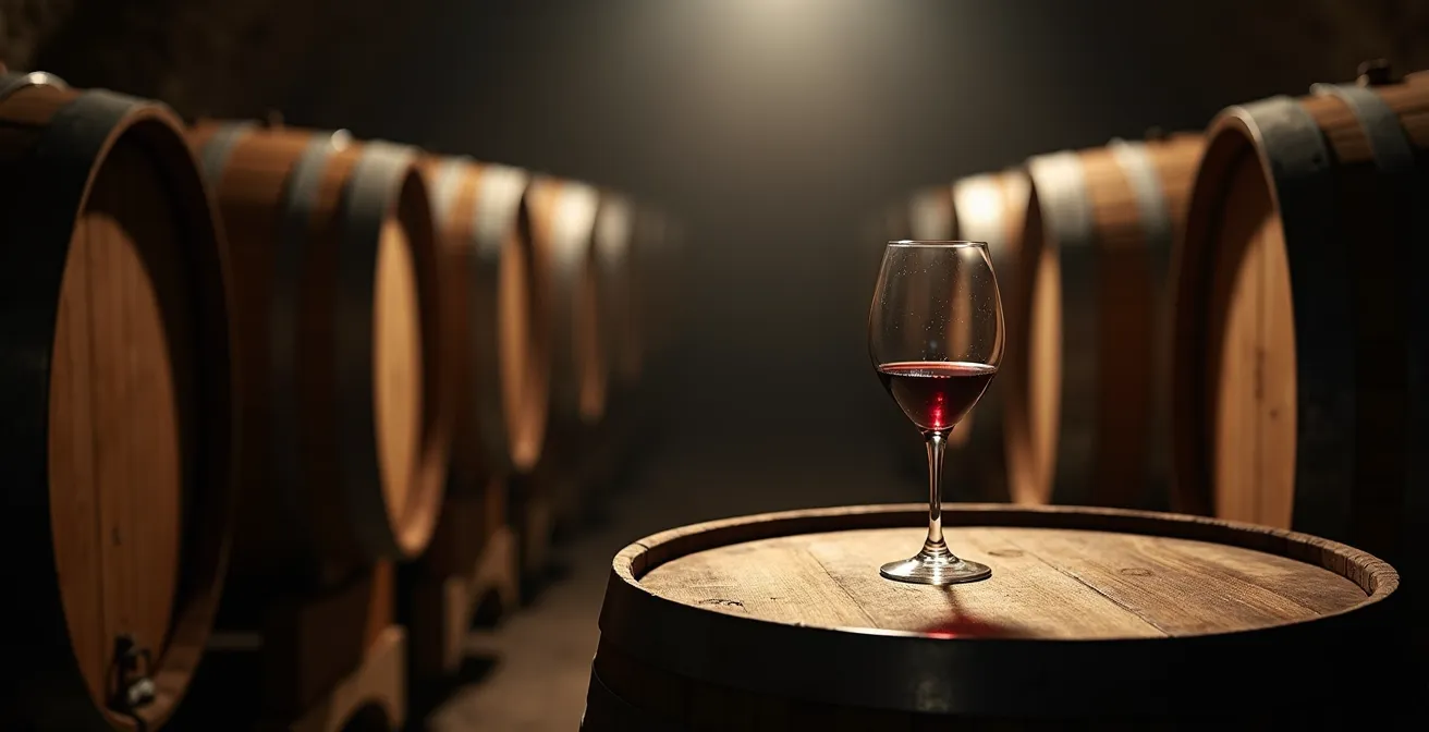 Rustieke wijnkelder met houten vaten en zachte verlichting