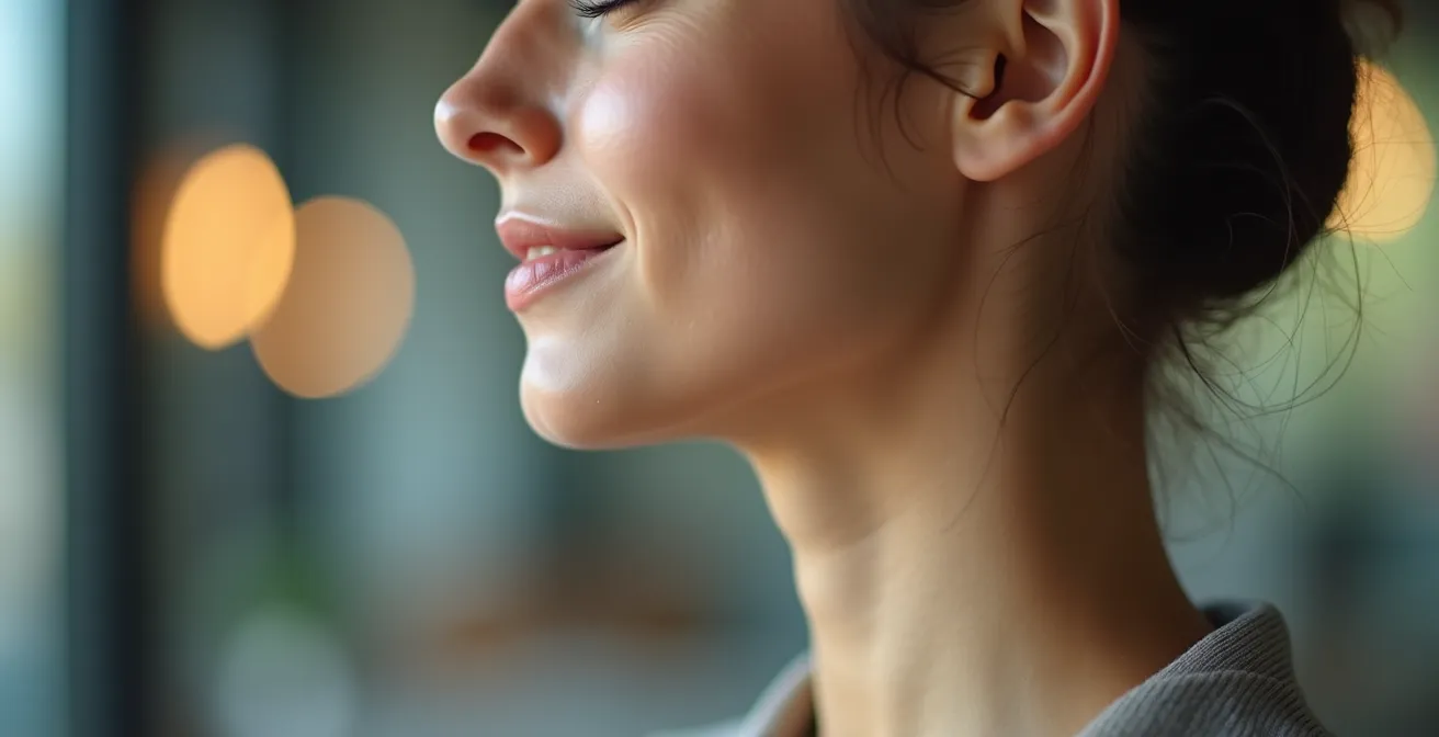 Close-up van rustgevend persoon met gesloten ogen in kantooromgeving