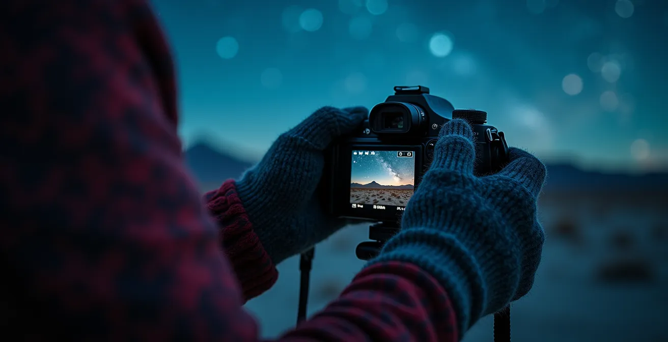 Handen die een camera bedienen met de sterrenhemel van de Atacama op de achtergrond