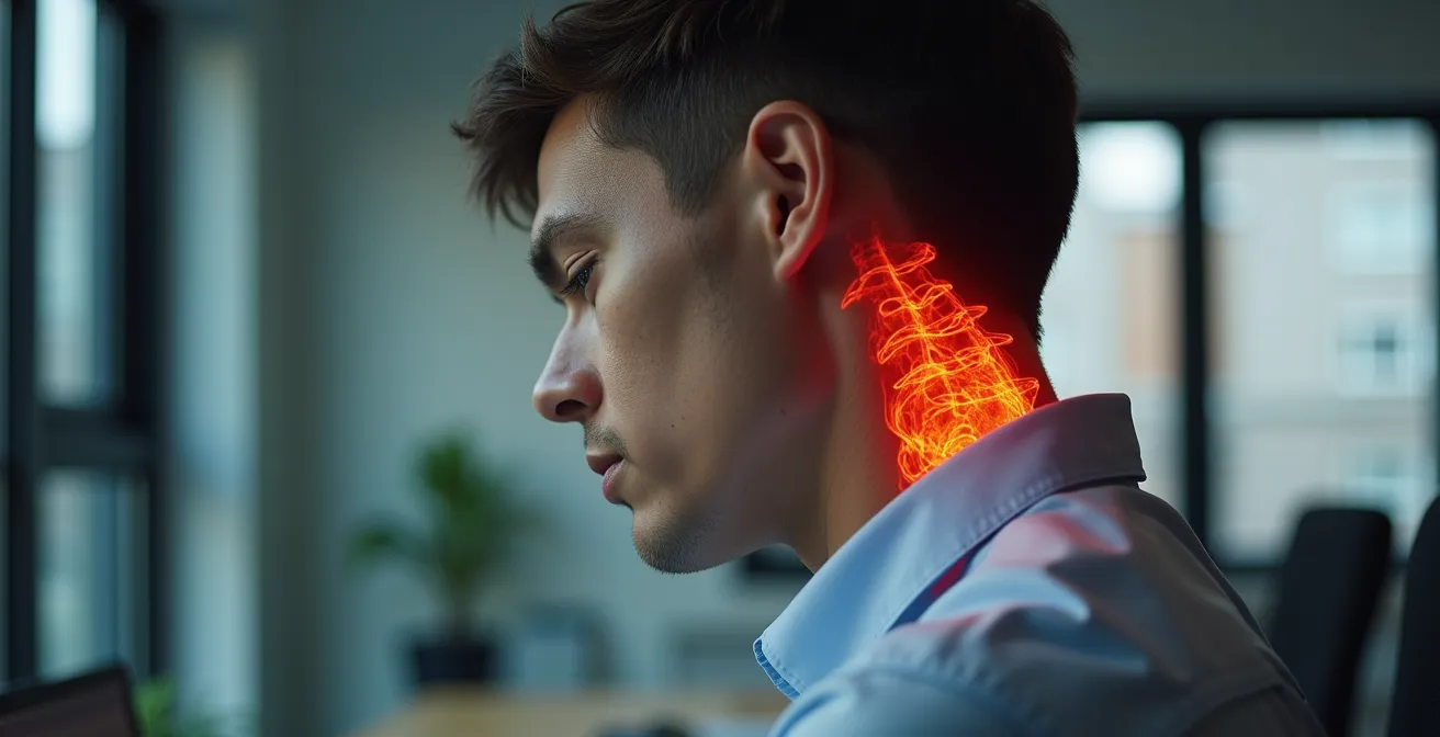 Close-up van vermoeide persoon aan bureau met focus op gespannen houding