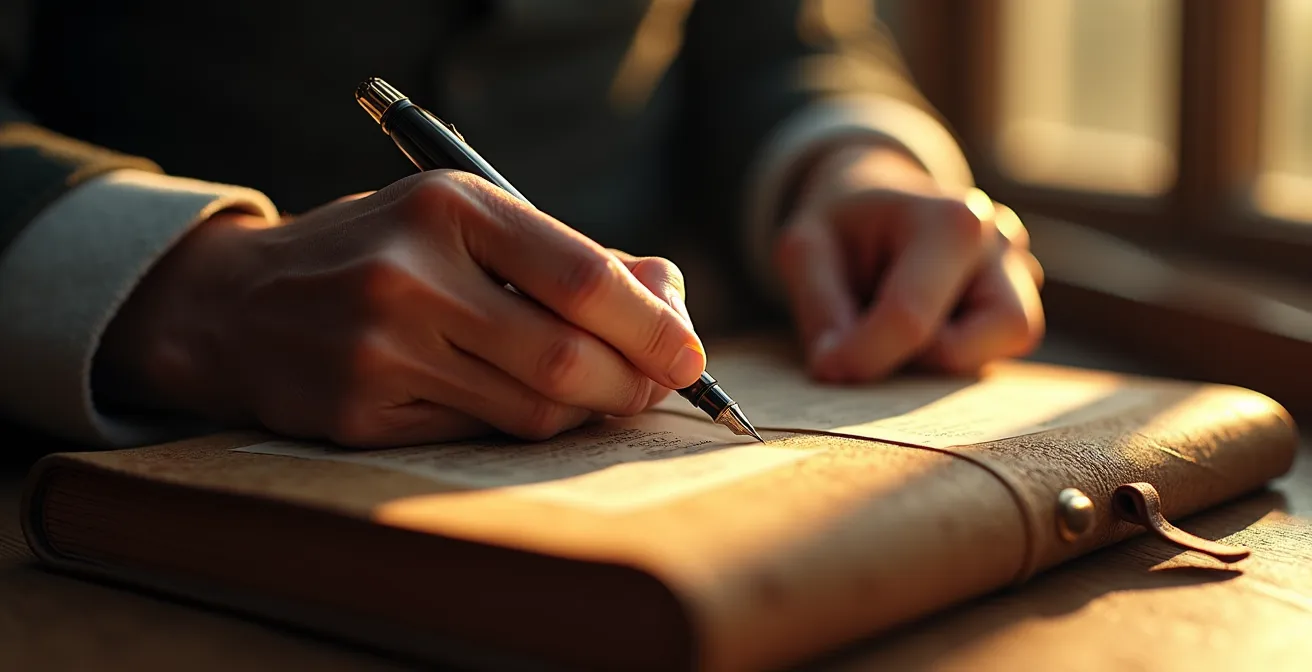 Close-up van handen die een pen vasthouden boven een gesloten notitieboek in warm avondlicht
