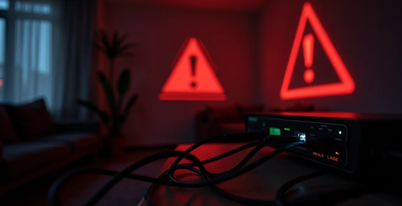 Donkere compositie met verlichte ethernet kabels en waarschuwingssymbolen die digitale gevaren suggereren