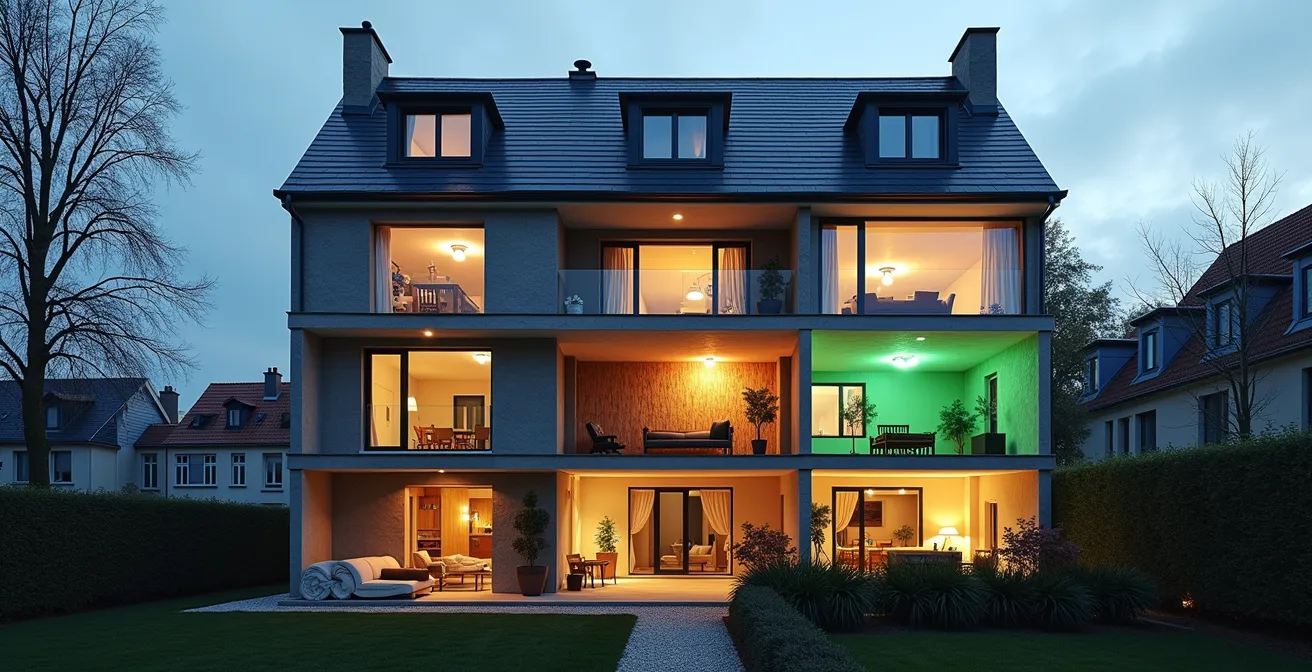 Belgische woning in renovatie met EPC-labels zichtbaar op verschillende verdiepingen