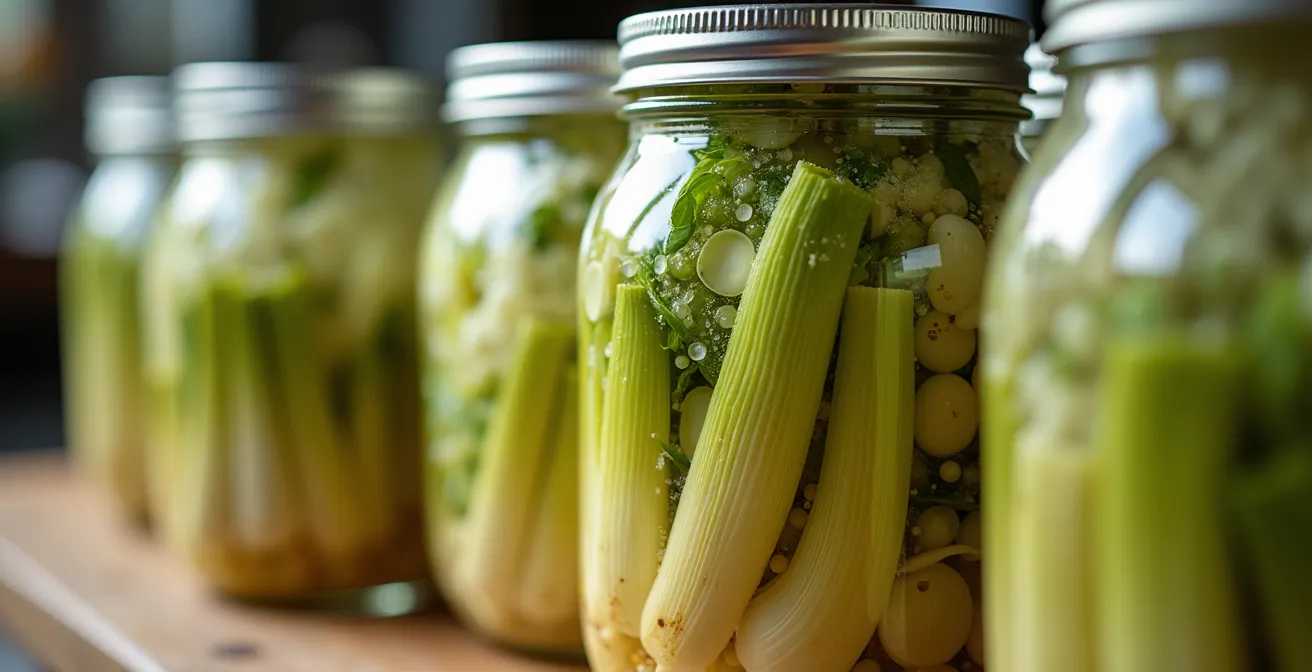 Close-up van fermenterende groenten in glazen potten met natuurlijk licht