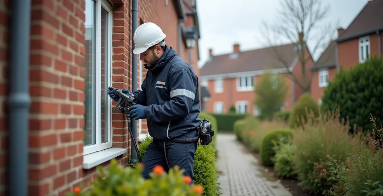 Technicus installeert glasvezel via gevelboring bij Belgisch rijhuis