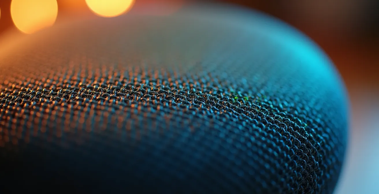 Close-up van slimme speaker met kleurrijke geluidsgolven die dialectvariaties voorstellen