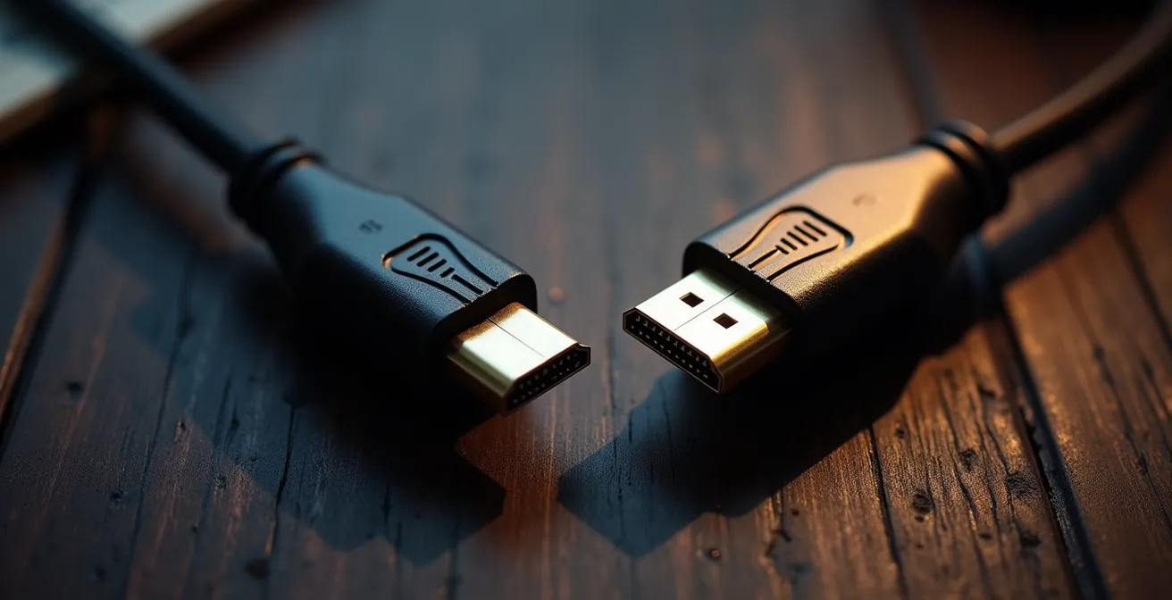 Close-up van HDMI-kabel met zichtbaar Ultra High Speed certificeringslabel