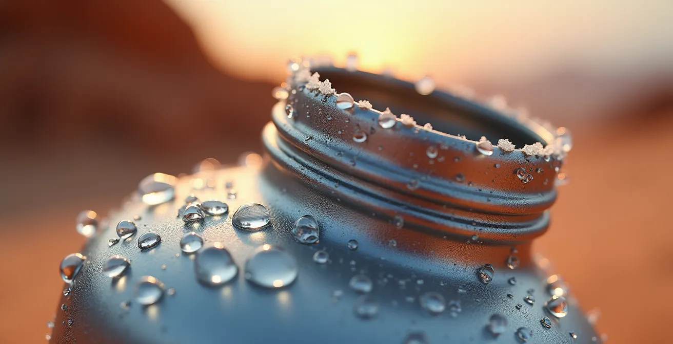 Macro-opname van waterdruppels op een metalen waterfles met een woestijnlandschap op de achtergrond