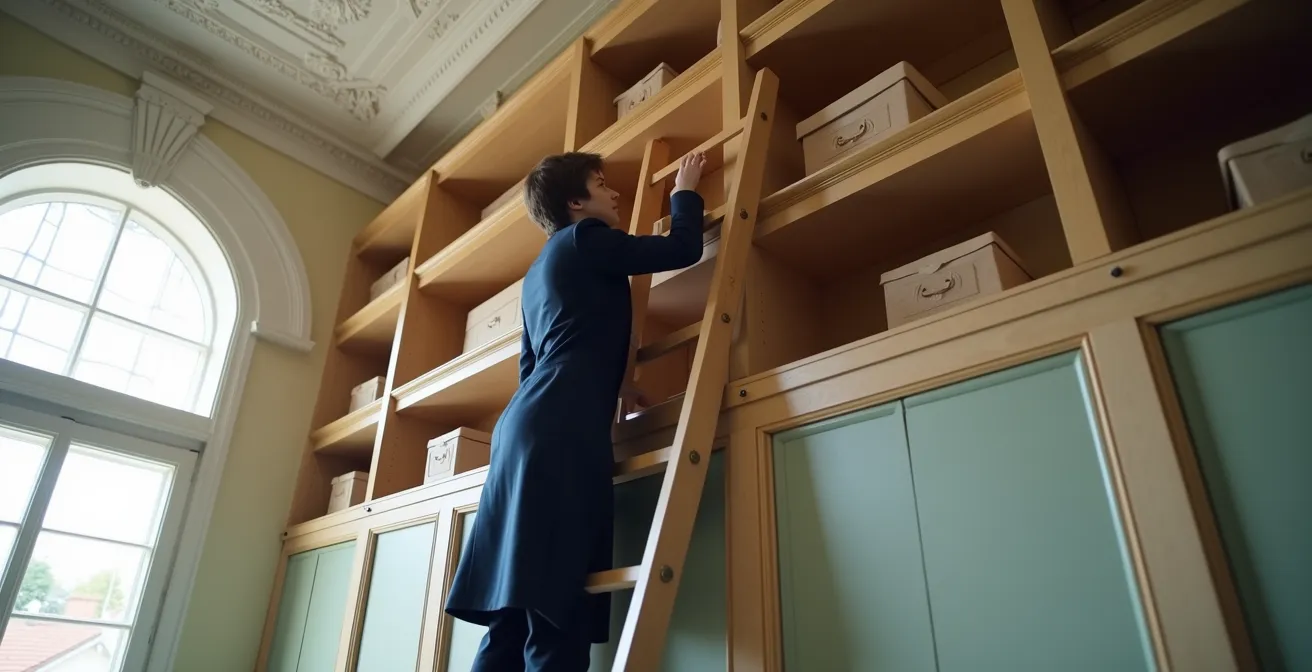 Maatkasten tot aan het plafond in een Belgisch herenhuis met hoge plafonds