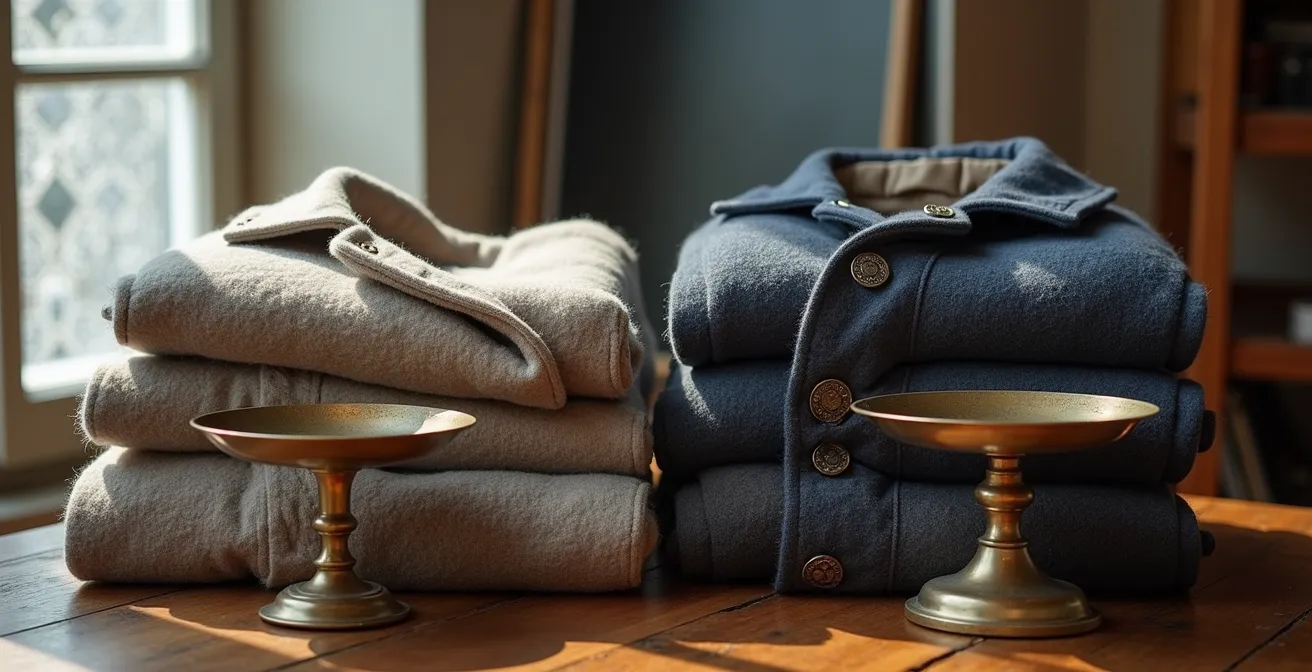 Visuele vergelijking van winterjaskosten over vijf jaar, waarbij één kwaliteitsjas wordt vergeleken met drie fast-fashion jassen.