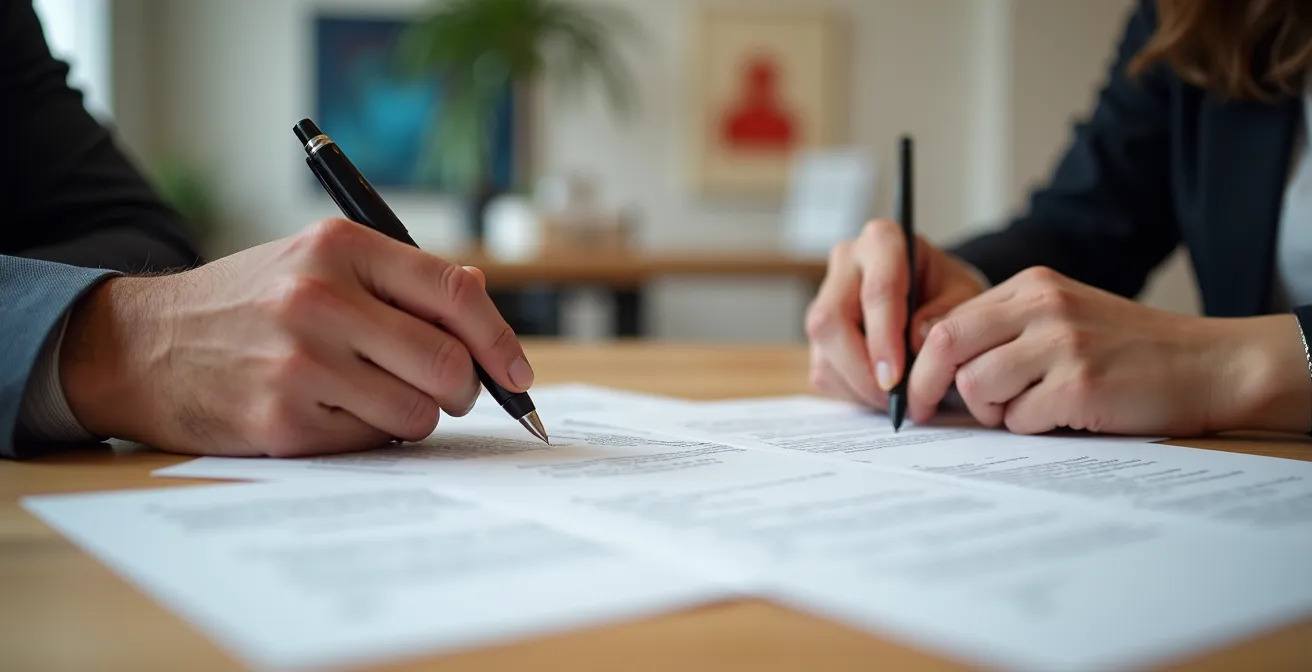 Close-up van handen die documenten doornemen in een galerie-omgeving