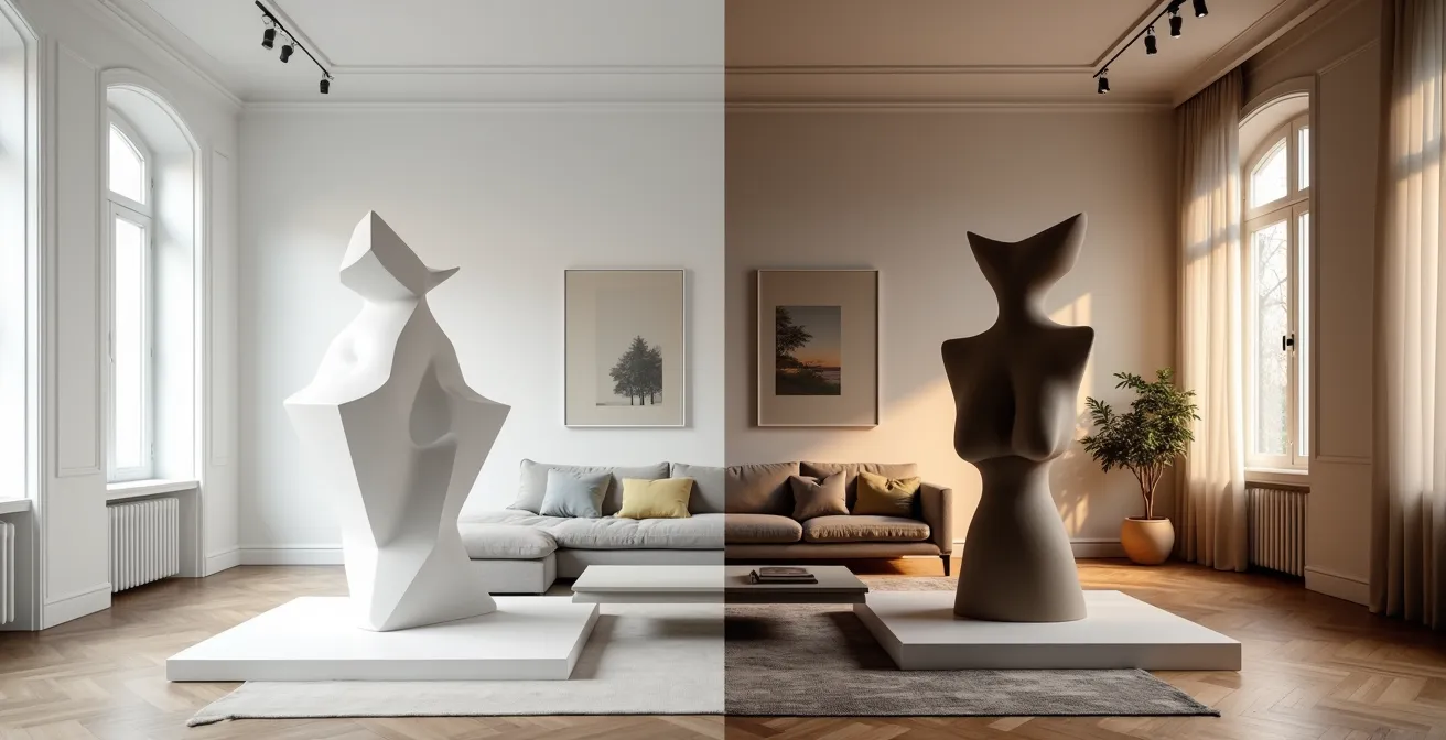 Vergelijking tussen galerieruimte en huiskamer met zelfde kunstwerk