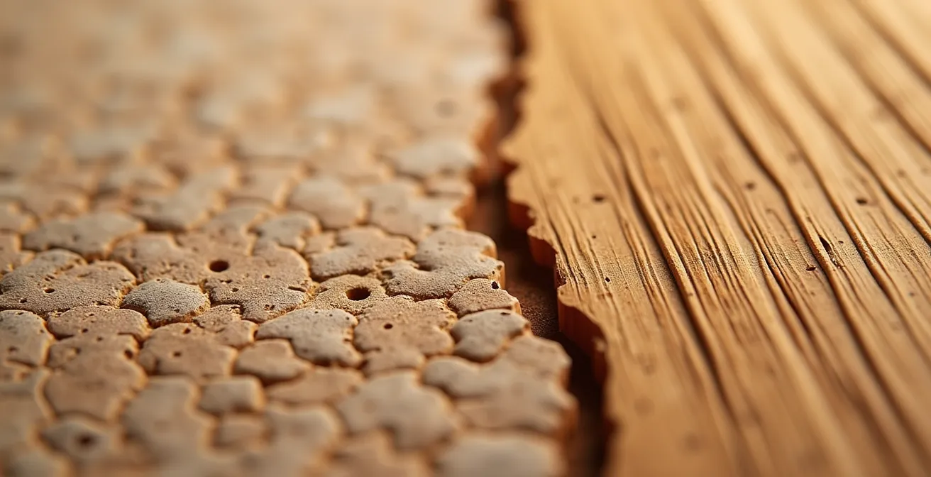 Macro opname van kurk en bamboe vloertexturen naast elkaar