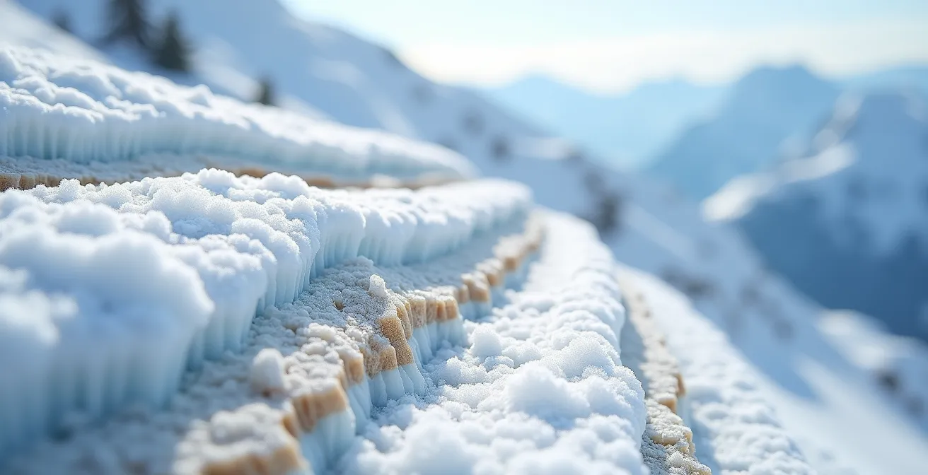 Berghellingen met verschillende sneeuwlagen en lawinegevaarlijke zones zichtbaar