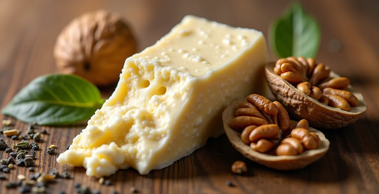 Een rustgevende avondcompositie met plattekaas, walnoten en kruidenthee in warm lamplicht