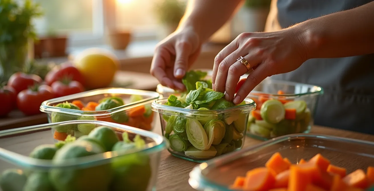 Glazen voorraadcontainers met voorbereide Belgische seizoensgroenten en granen op een keukenblad