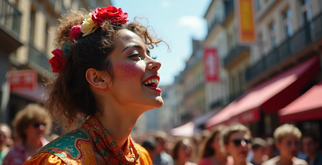 Straatartiest in kleurrijk kostuum voert acrobatische act uit voor publiek op historisch plein
