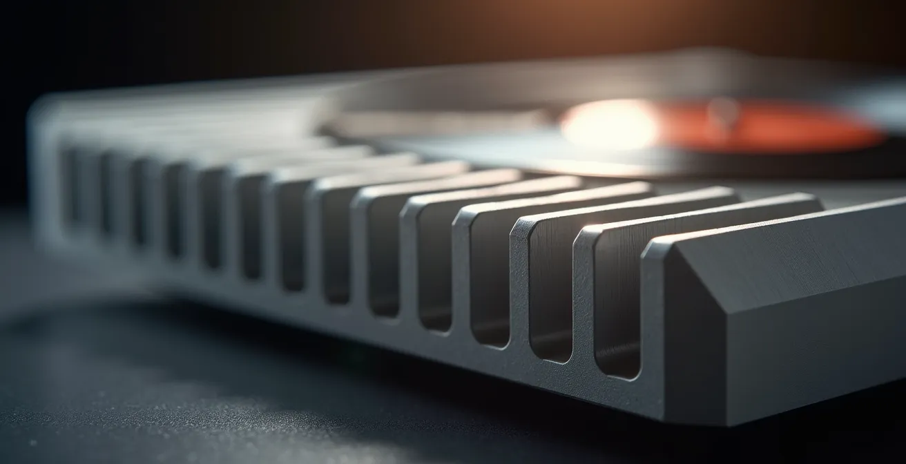 Macro-opname van een moderne Class D versterker met zichtbare koelribben en minimalistische vormgeving