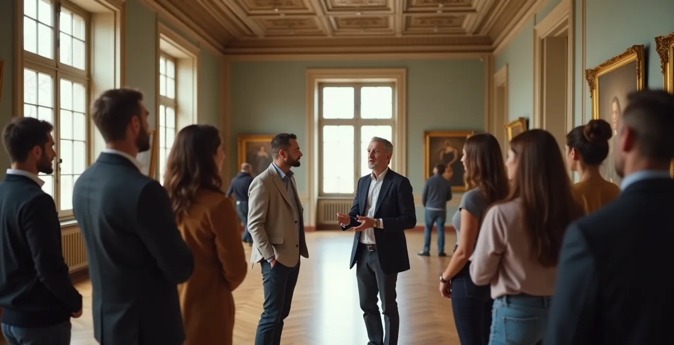 Museumgids vertelt gepassioneerd aan groep bezoekers in Belgisch museum