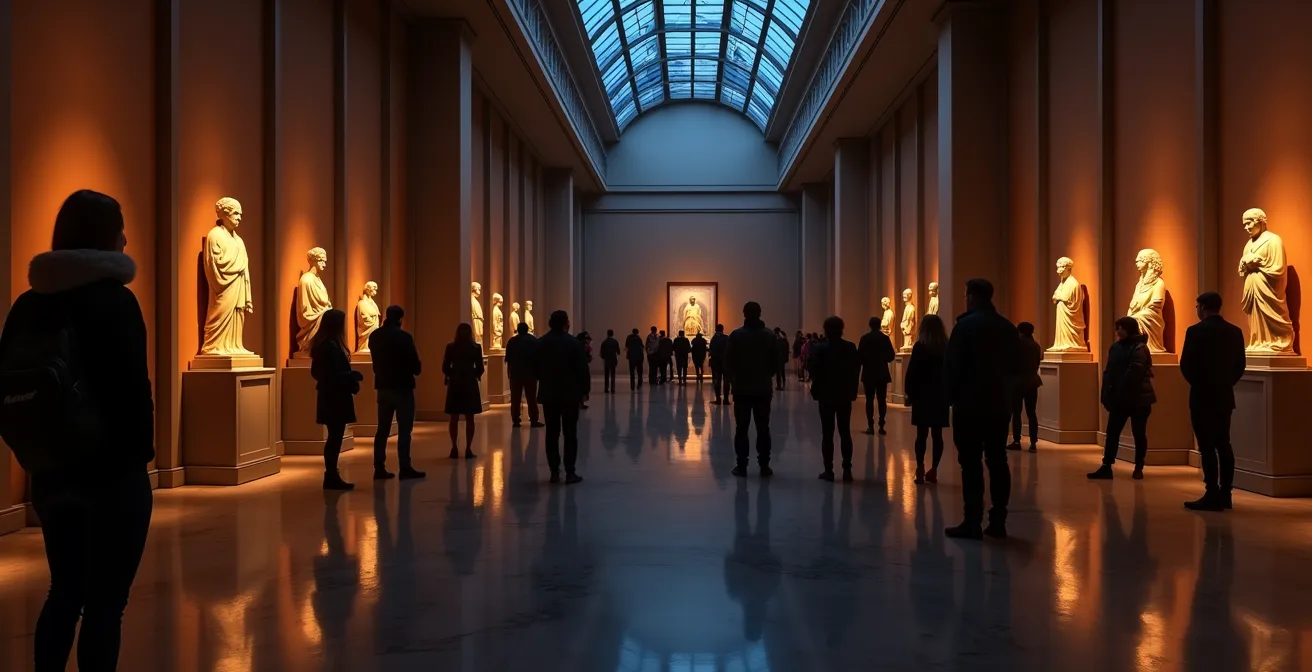 Bezoekers genieten van verlichte kunstwerken tijdens museum nocturne