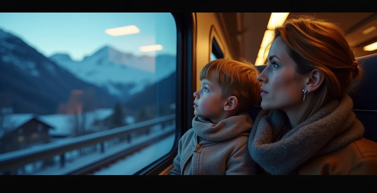 Familie in treincompartiment met berglandschap door het raam zichtbaar
