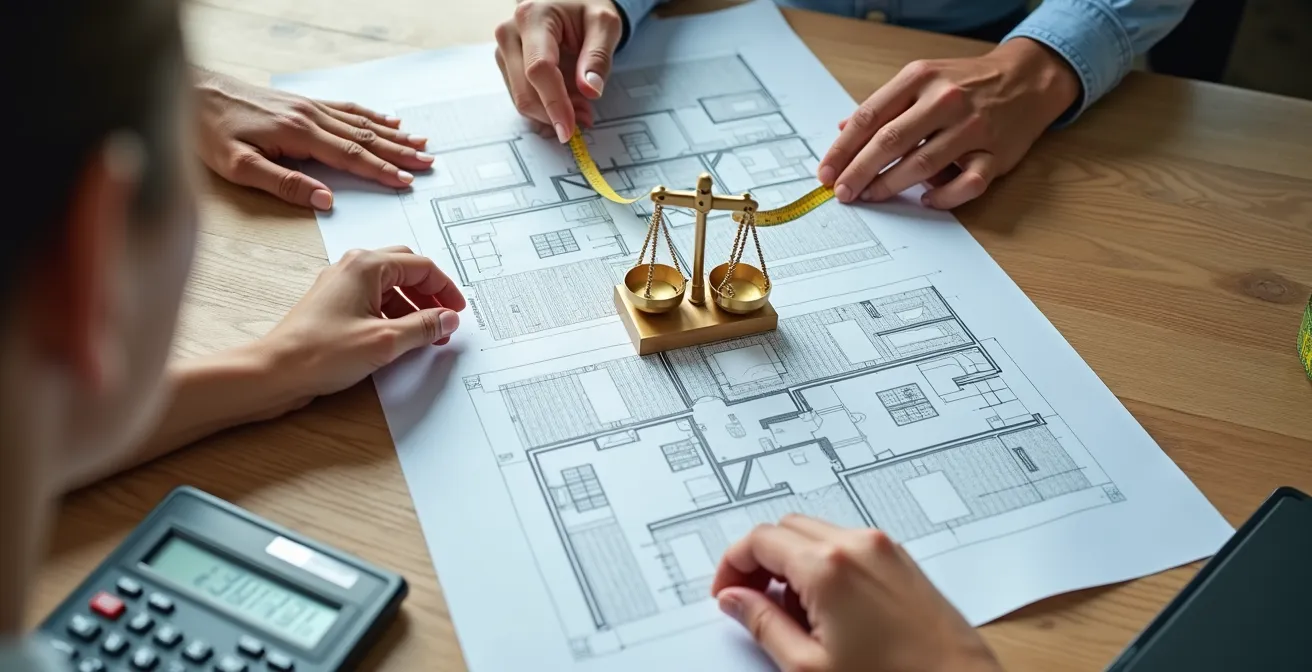 Professionele onderhandeling met vastgoeddocumenten en rekenmachine op tafel