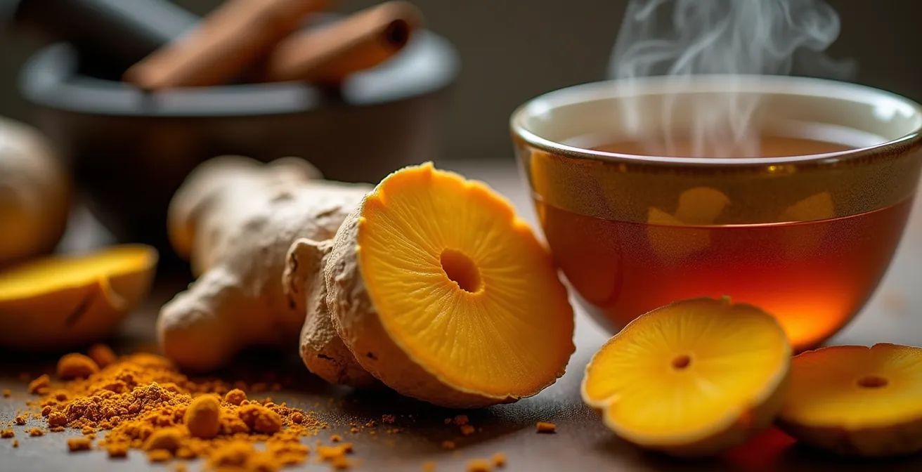 Close-up van verse gember en kurkuma wortels met dampende gouden thee