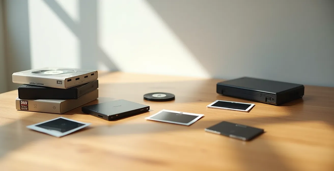 Verzameling oude mediadragers op houten tafel met moderne digitale opslag