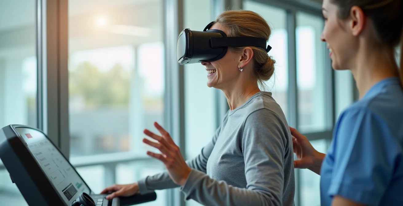 Patiënt gebruikt VR-loopband tijdens revalidatiesessie in modern ziekenhuis