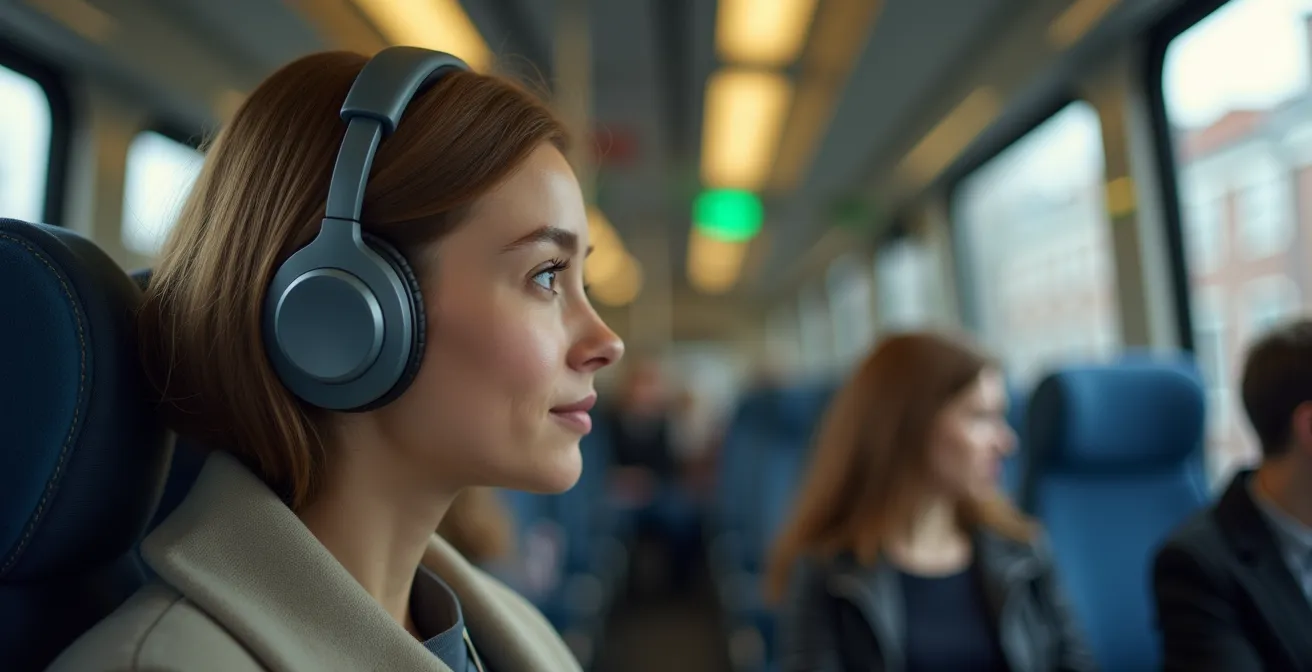 Persoon met hoofdtelefoon in Belgische trein met subtiele geluidsgolven visualisatie