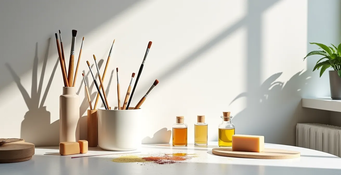 Close-up van penselen tijdens schoonmaakproces met verschillende verfsoorten