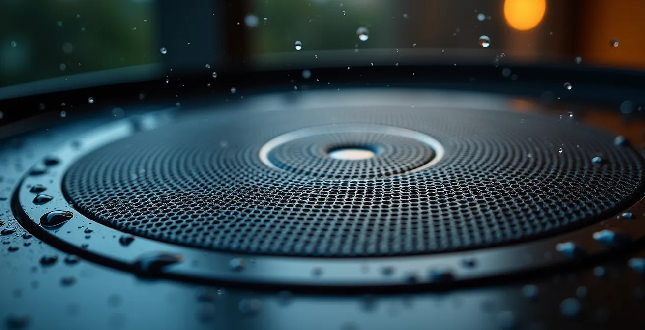 Close-up van ingebouwde plafond speaker met subtiele waterdruppel effecten