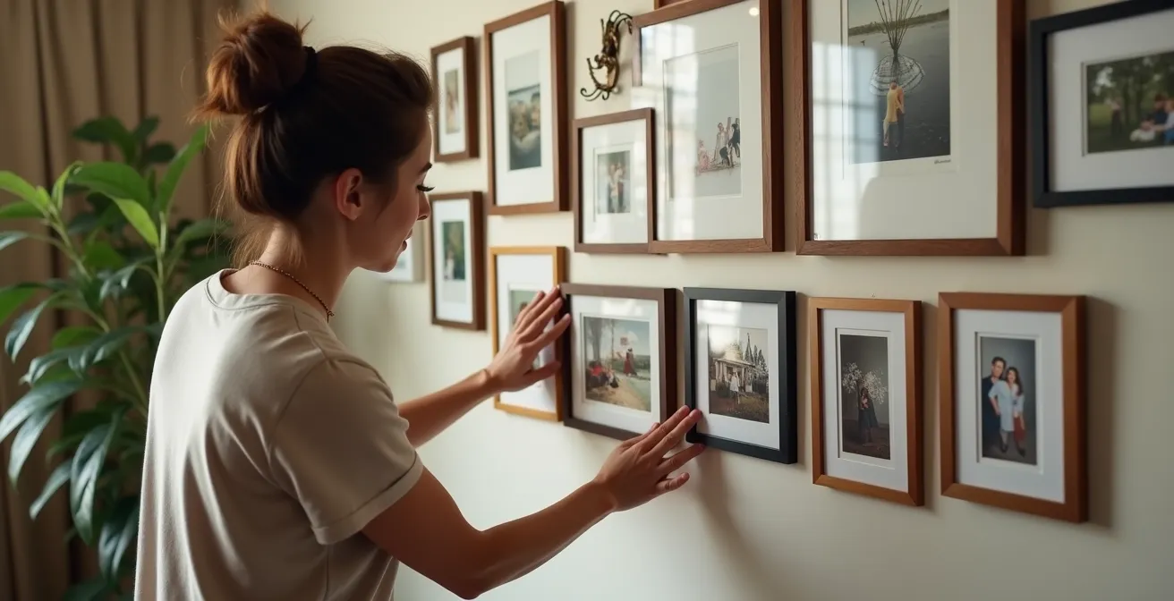 Stijlvolle fotomuur met mix van moderne en vintage lijsten in verschillende formaten