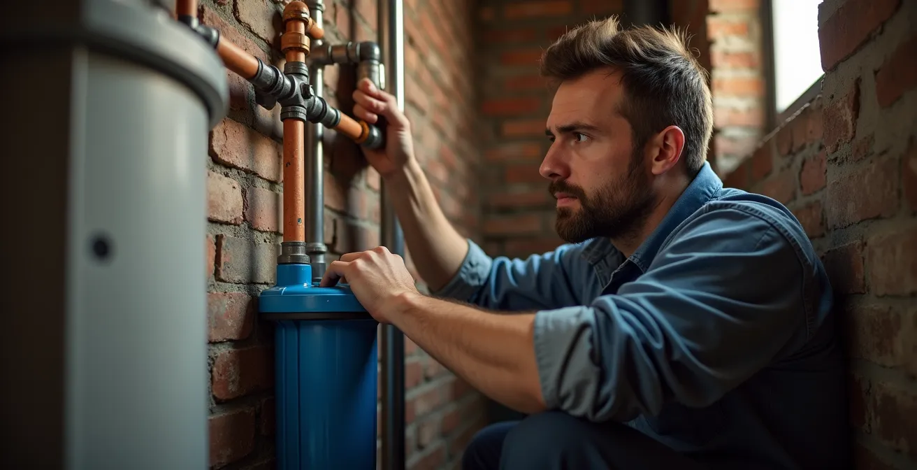 Smalle regenwatertank wordt geïnstalleerd in kelderruimte van rijhuis