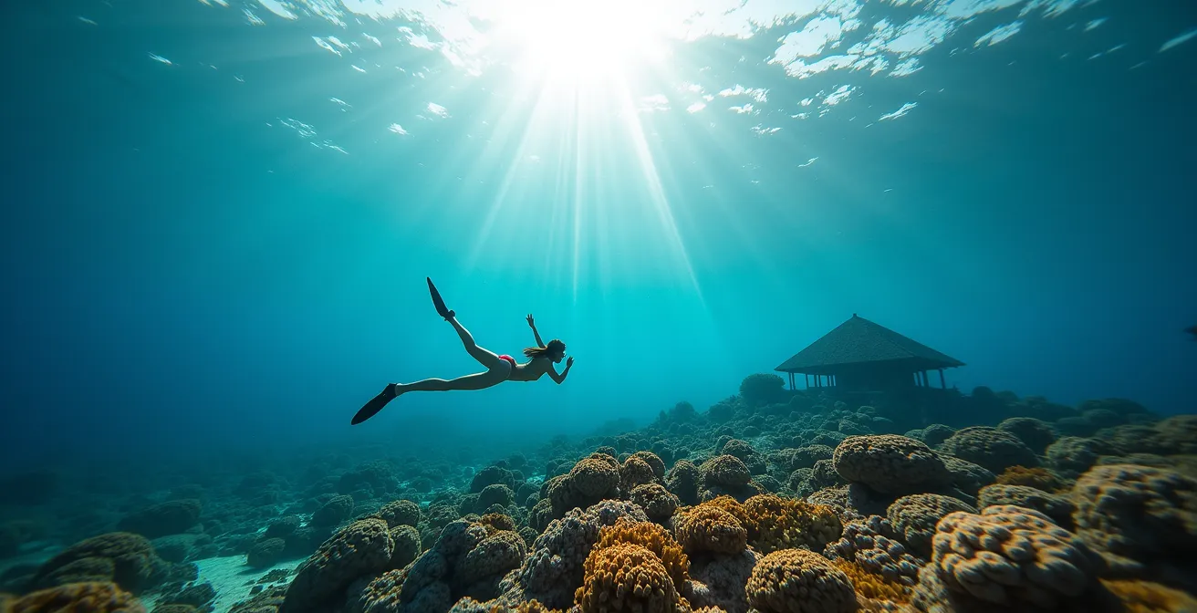 Onderwater perspectief van koraalrif toegankelijk vanaf verschillende villa types