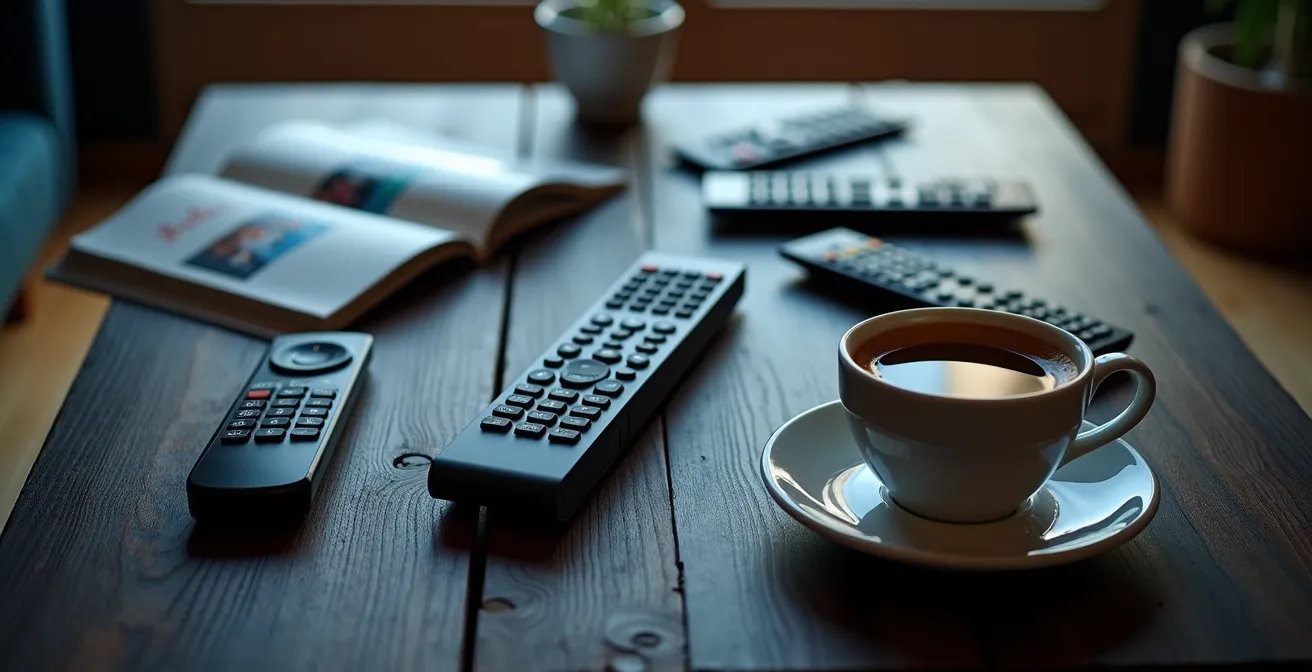 Abstracte visualisatie van streaming content keuze in Vlaamse woonkamer