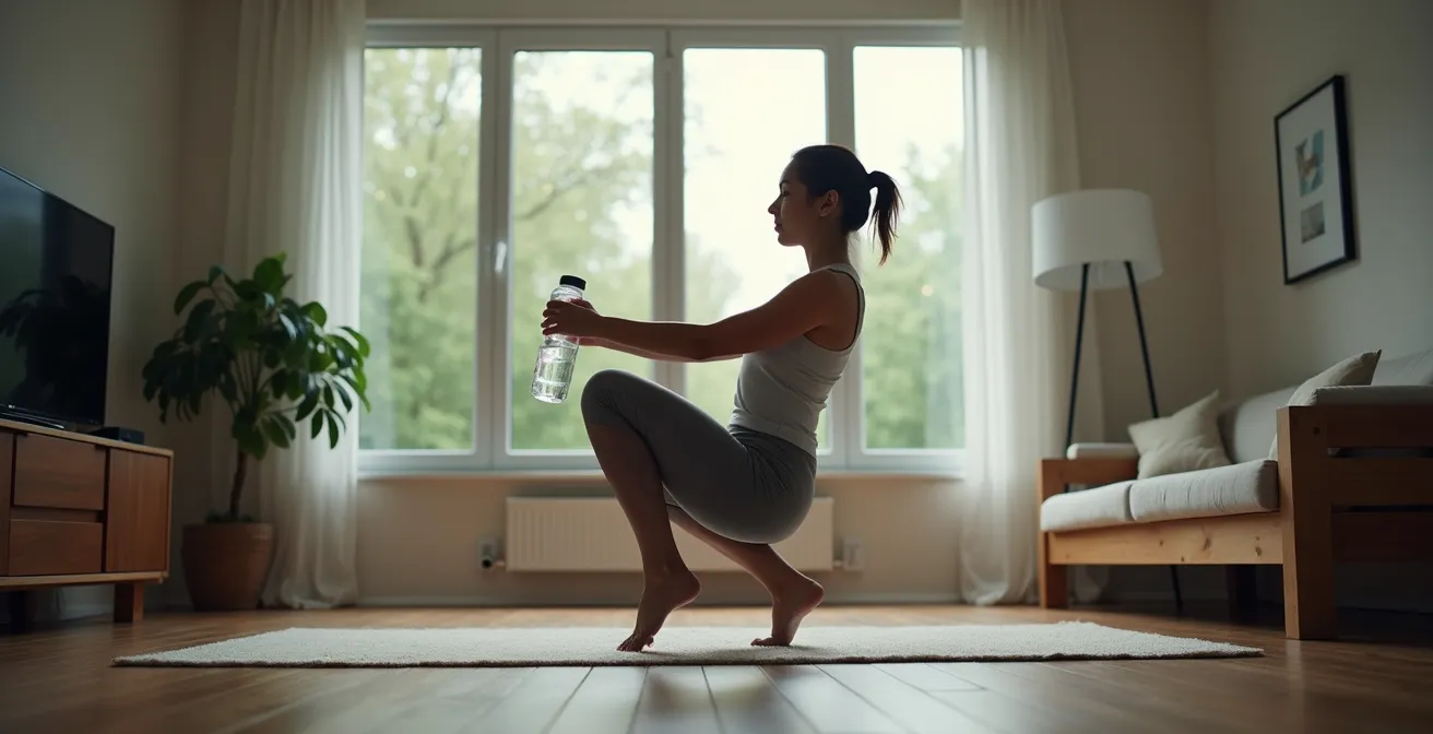 Persoon doet high knees oefening in gezellige Belgische woonkamer