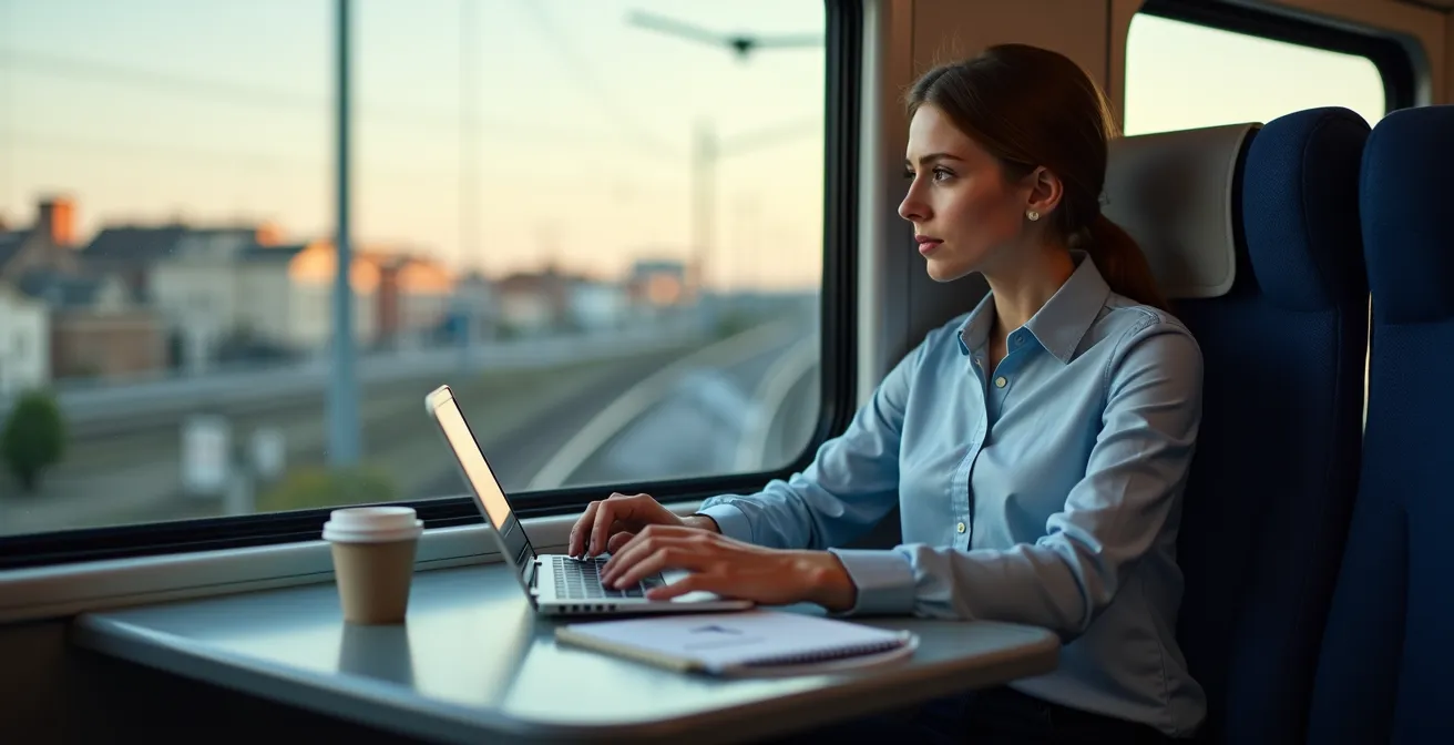Zakenreiziger gebruikt meerdere apparaten tijdens treinreis langs Belgische kust