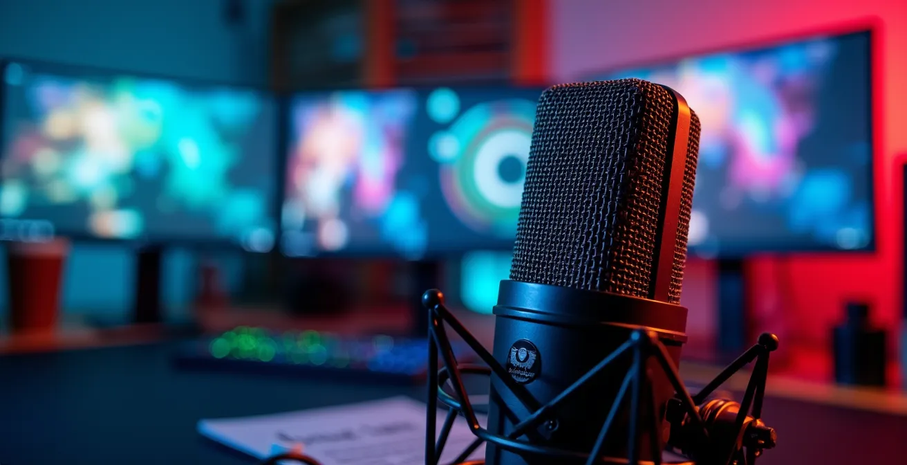 Close-up van streaming setup met microfoon, ring light en meerdere monitoren in een Belgische tienerkamer
