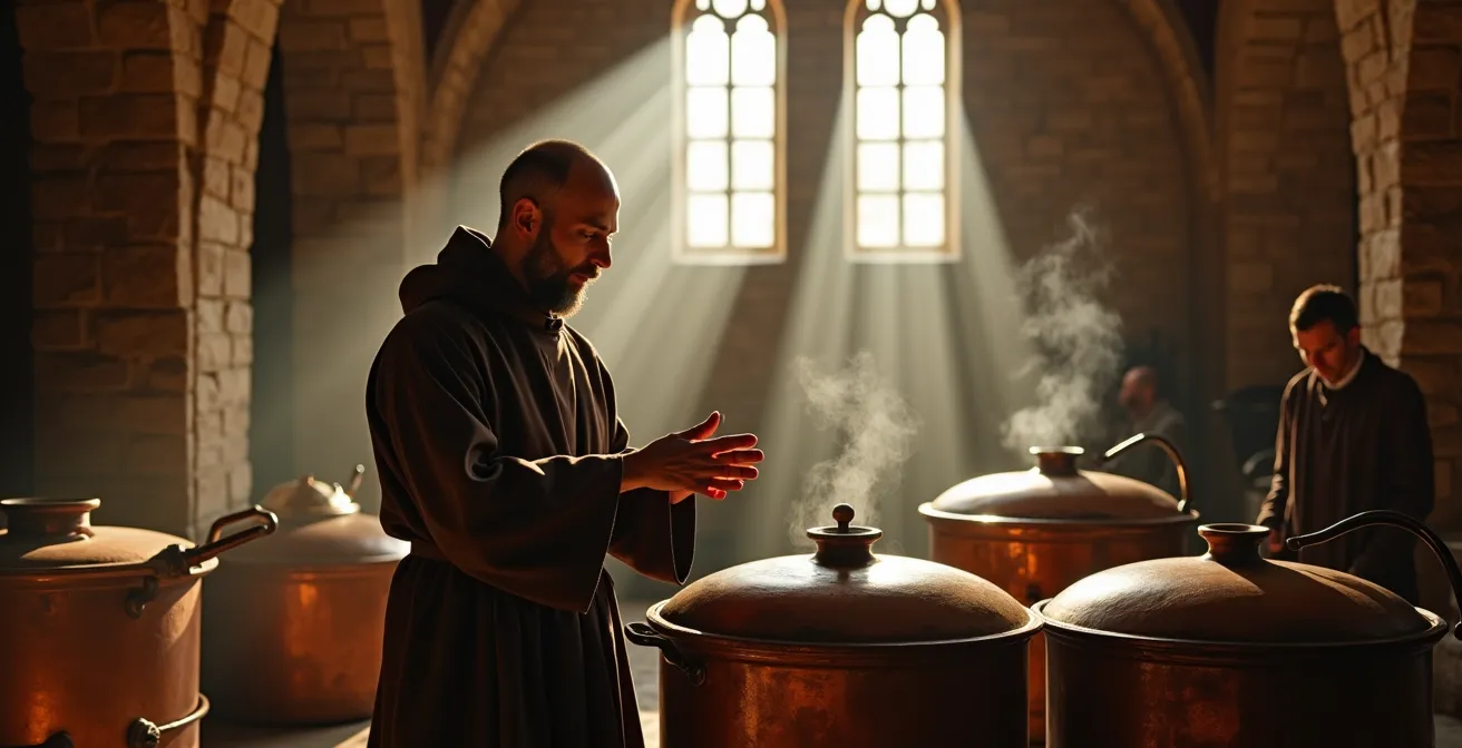 Trappistenmonnik in habijt toezicht houdend op traditioneel brouwproces in abdijbrouwerij