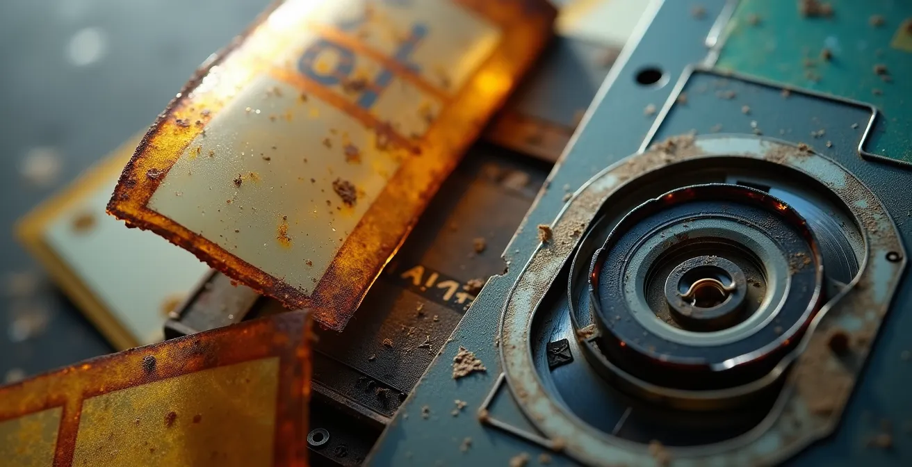 Close-up van oude dia's en videobanden met zichtbare degradatie