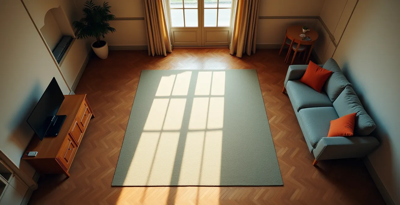 Bovenaanzicht van een Belgische woonkamer met gemarkeerde VR-veiligheidszone