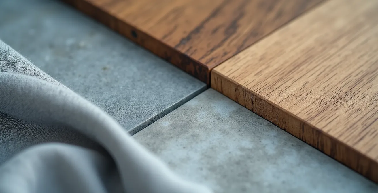 Minimalistische woonkamer met warme materialen en Belgische blauwe hardsteen accenten